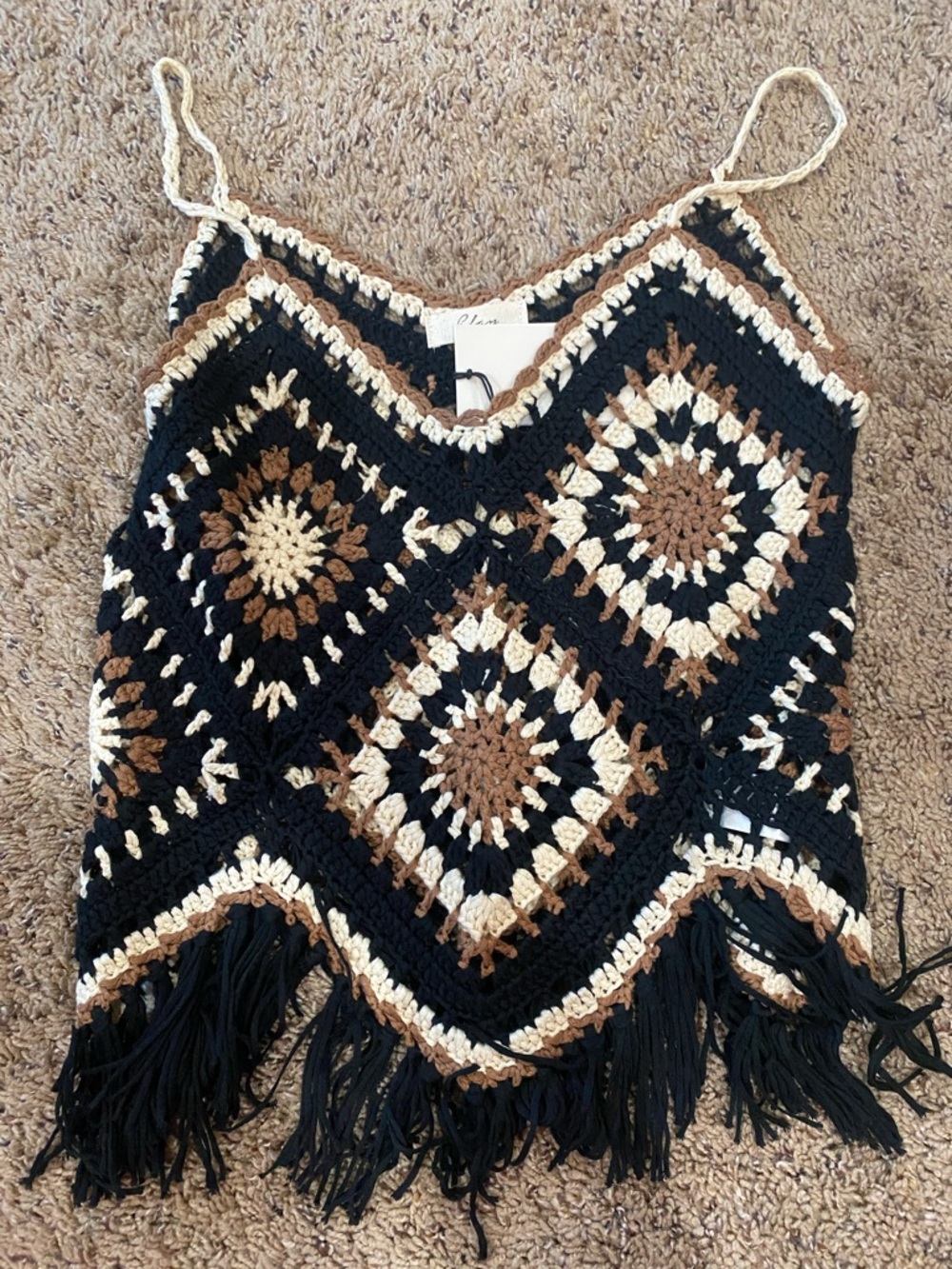 Elan Crochet V-Neck Tank in Black, Cream & Brown